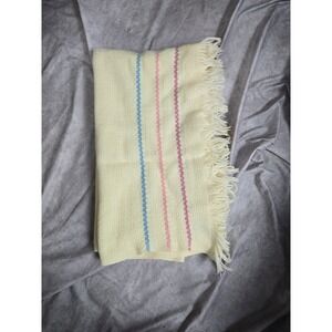 Vtg FARIBO THROW Blanket Wool  white, Stripes Fringes tags 45 X 51"